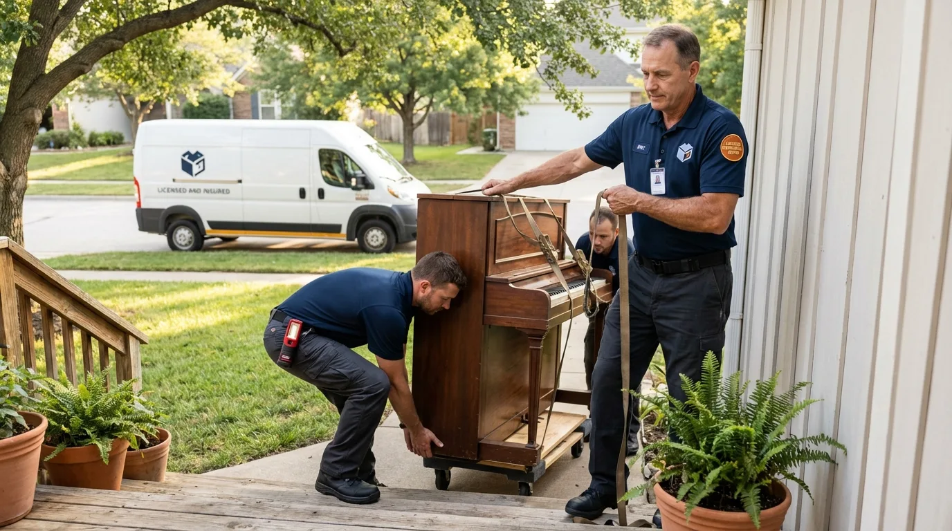 Licensed piano movers securing grand piano in Lilburn, GA