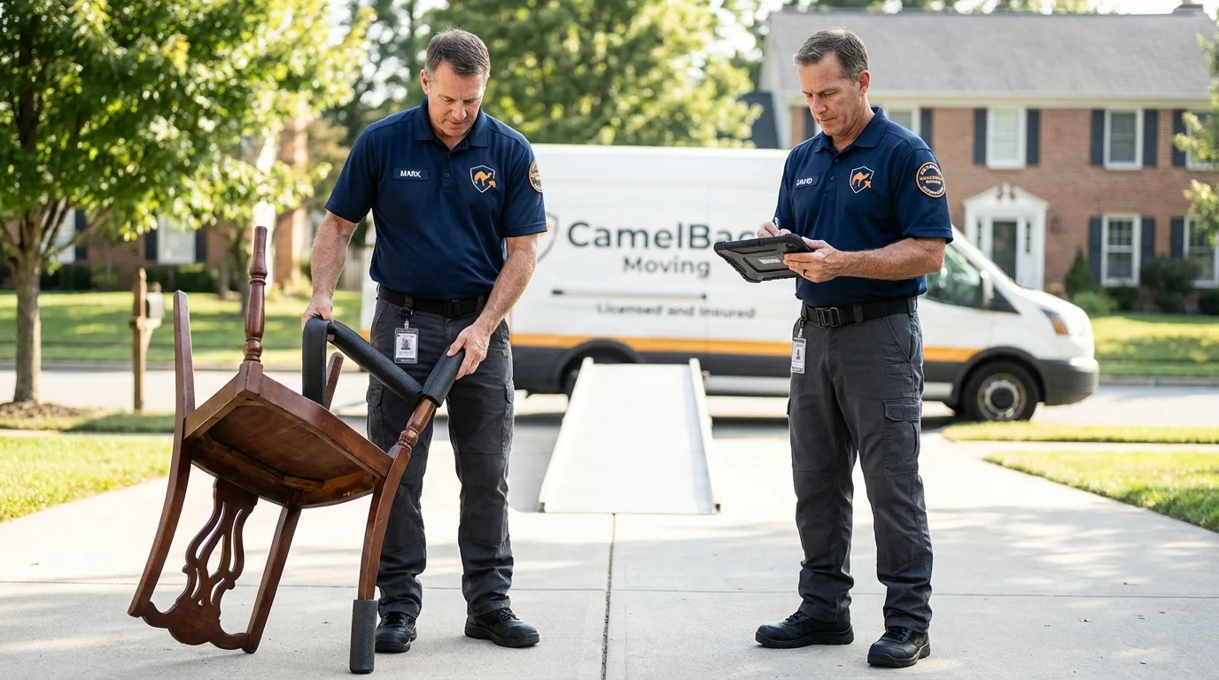Movers inspecting furniture for damage prevention before loading in Lilburn, GA